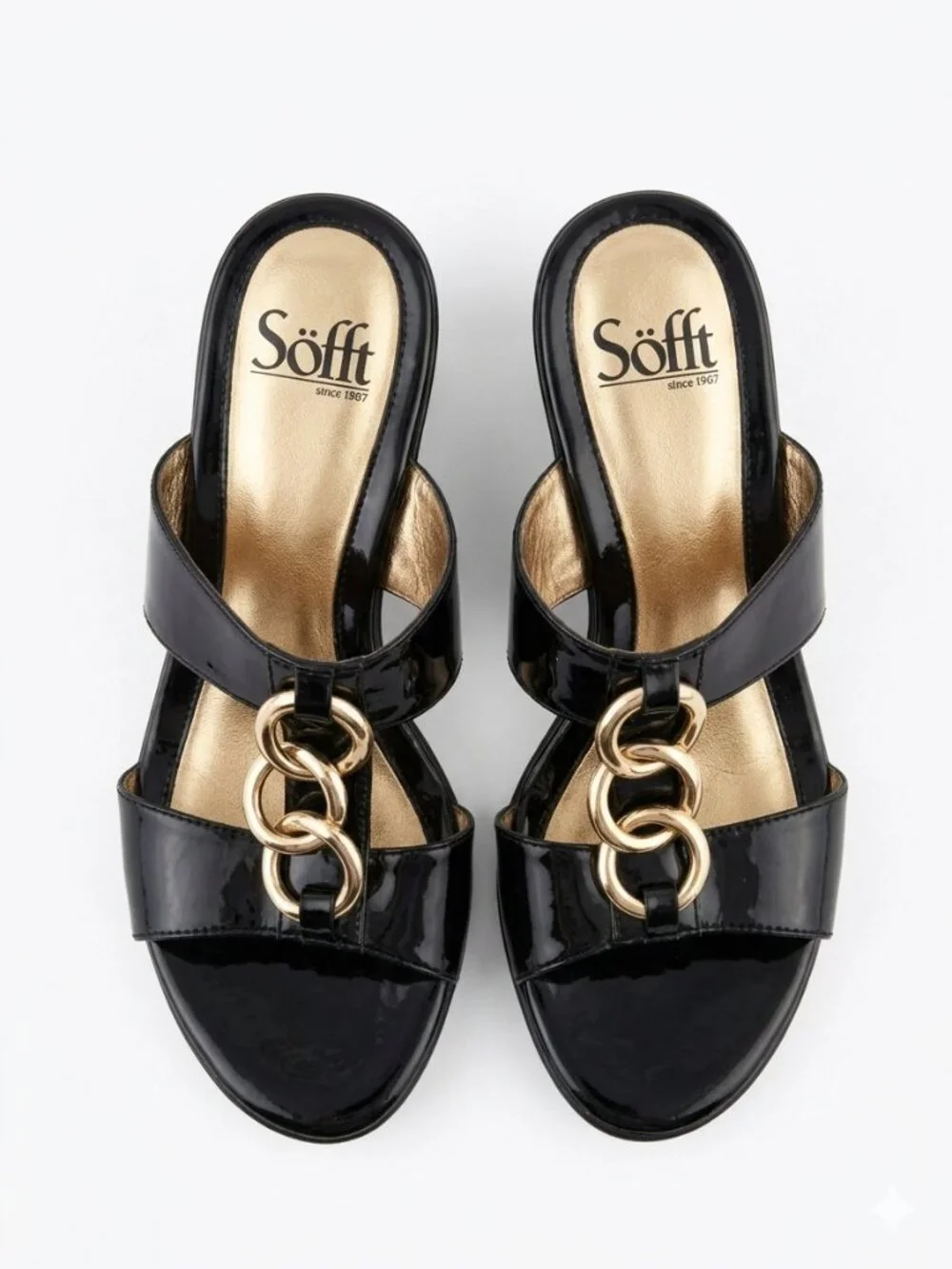 Like New Sofft Black Patent Leather Gold Ring Wedge Slide Sandals Size 8